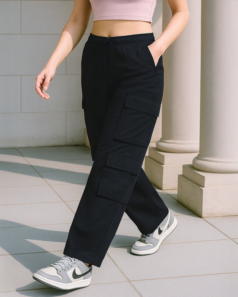 bewakoof Women's Black Baggy Oversized Cargo Parachute Pants - Image 1